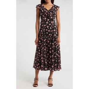 WAYF Black Roses Floral Ruffle V-Neck Midi Dress NWT M FLAW READ description
